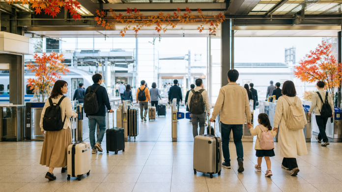 Travelers with luggage passing through a busy Japanese railway station during an autumn public holiday