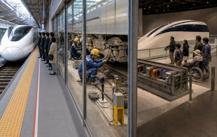 A stopped Japanese high-speed train, secured bogie maintenance work and a museum maglev exhibit show three distinct layers of railway technology.