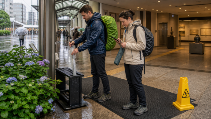 Two travelers close and cover wet umbrellas at a Japanese station entrance before following a step-free indoor cultural route