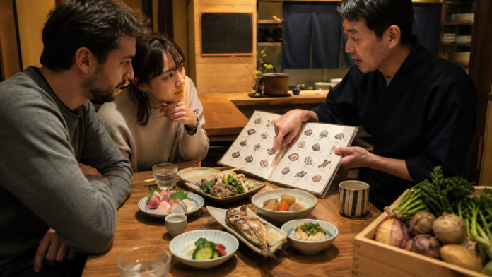 Two adult travelers ask a Japanese izakaya staff member about regional and seasonal recommendations beside small plates of fish, mountain vegetables and simmered produce
