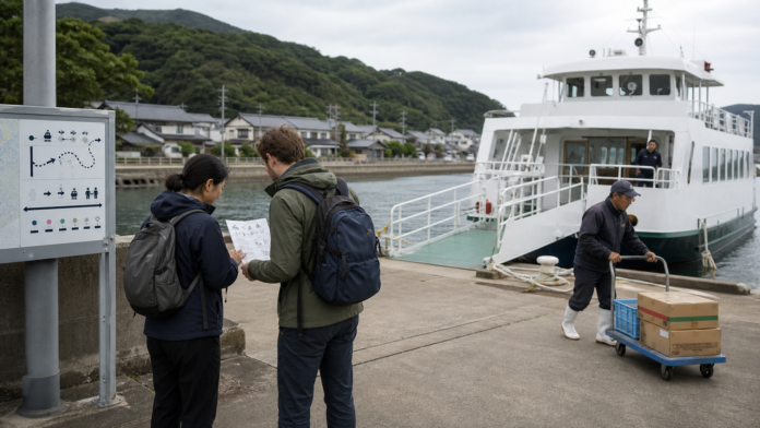 Two travelers check an icon-only route plan beside a small passenger ferry while a resident moves supplies through a lived-in Japanese island harbor