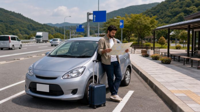 日本のサービスエリアでレンタカーと地図を確認する旅行者