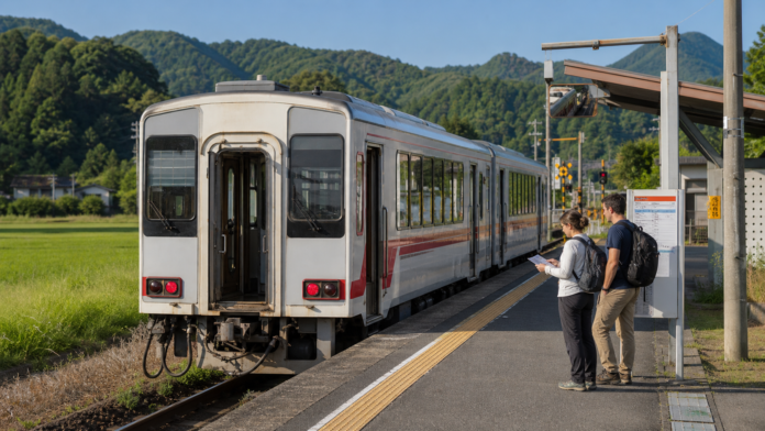 Travelers check a timetable beside a stopped short Japanese local passenger train at a small rural station