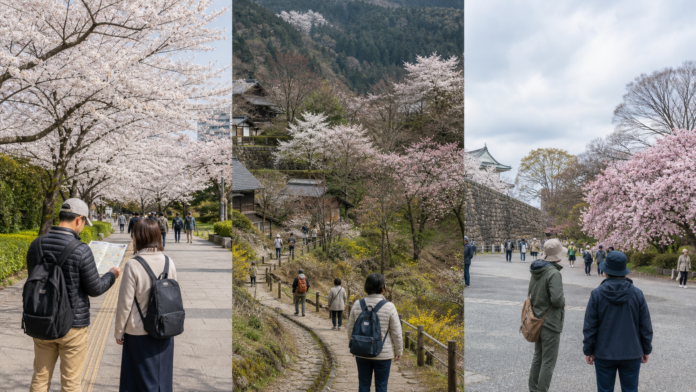 Three regional spring scenes compare an urban cherry garden, a mountain route with staggered blooms, and a cooler northern castle park.
