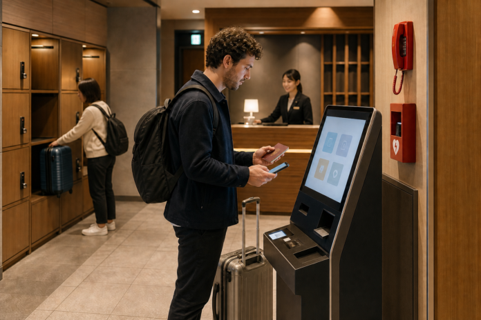 An international guest uses a self-service hotel check-in kiosk with a passport and phone while staff support, luggage lockers and emergency equipment remain available