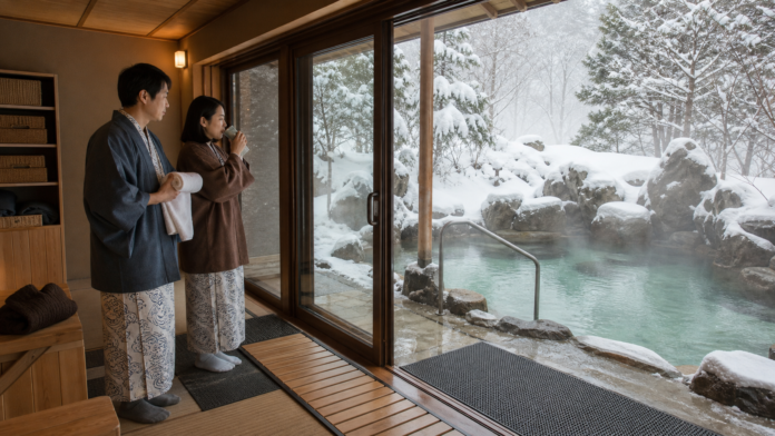 Fully clothed ryokan guests prepare beside an empty snowy outdoor onsen with water, towels, non-slip mats and a handrail