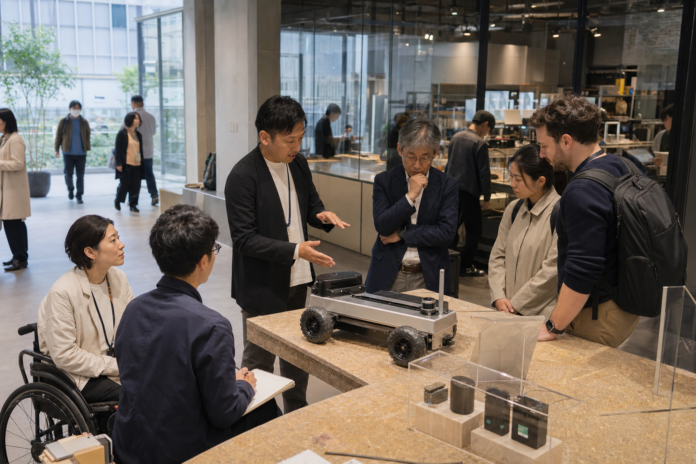 Founders, researchers, manufacturing partners and a visitor discuss a generic hardware prototype in a public Tokyo innovation hub.