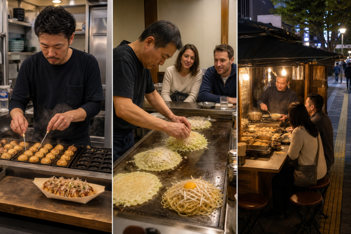 Three-panel Japanese food guide image showing Osaka takoyaki cooking, layered Hiroshima okonomiyaki at a griddle restaurant and seated dining at a compact Fukuoka yatai