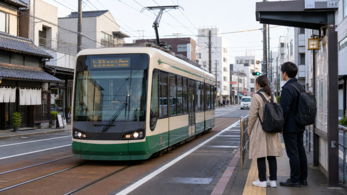 A modern Japanese streetcar approaches a street-level stop where two passengers wait safely