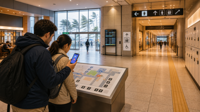 Travelers check a weather alert and accessible indoor route inside a Japanese station while strong wind bends trees outside