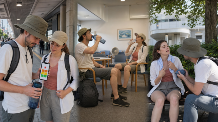 The same two visitors check an icon-only heat-risk display, drink water in an air-conditioned Japanese public rest space, then stop and cool an unwell companion in shade