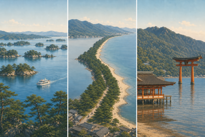 Illustrated triptych of Matsushima pine-covered islets, the Amanohashidate pine sandbar and Miyajima with one offshore torii and Itsukushima Shrine