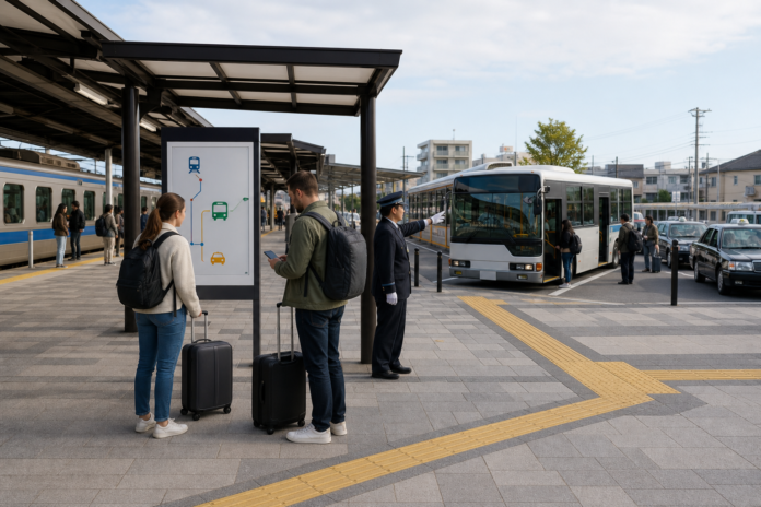Two international travelers compare an icon-only transport map at a Japanese regional station while a station employee points toward a local bus and a train and licensed taxi queue remain visible