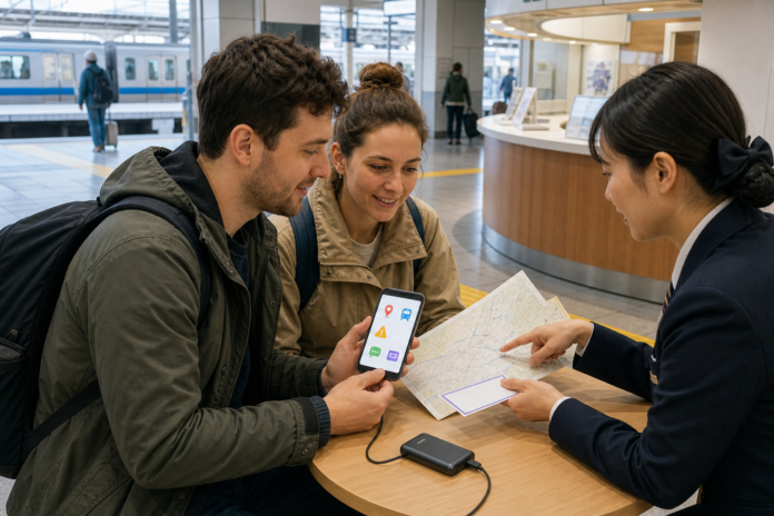 Two international travelers review an icon-only travel toolkit, paper route and power bank with staff at a Japanese station information counter