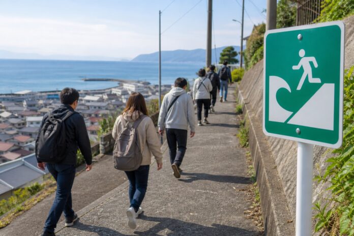 日本の海岸から高台へ避難する旅行者