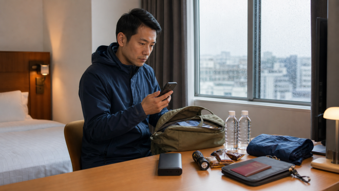 Traveler preparing water, a power bank and essential documents in a Japanese hotel room during heavy rain
