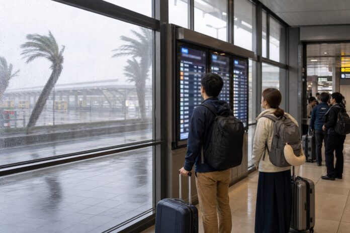 台風時に駅構内で運行情報を確認する旅行者