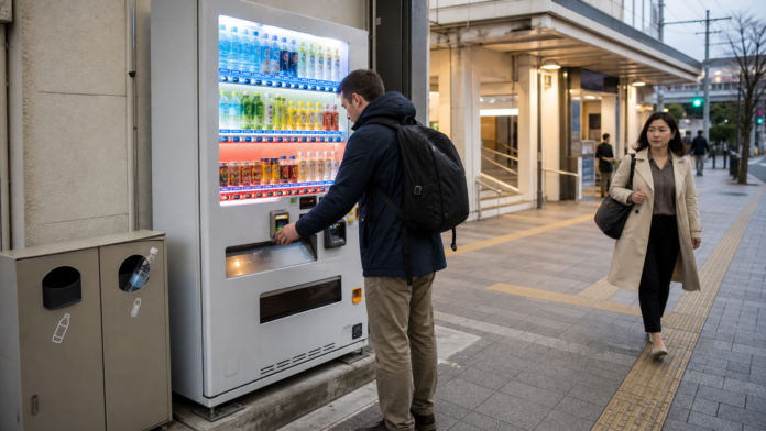 A traveler uses a generic contactless card at a Japanese drink vending machine beside a beverage-container recycling box without blocking the tactile path.