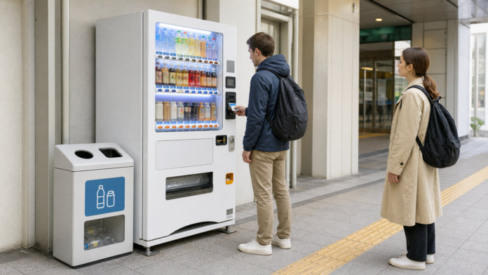 A traveler pays by contactless card at a Japanese beverage vending machine while another person waits beside a dedicated bottle-and-can recovery box and clear tactile route