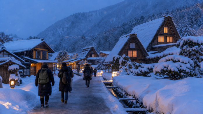 雪に覆われた日本の山村を歩く冬の旅行者