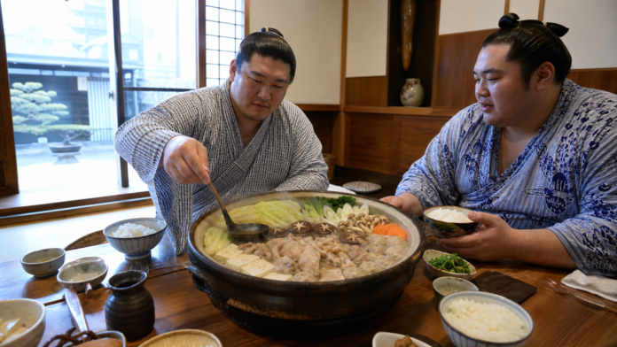 Chanko nabe with chicken, meatballs, tofu and vegetables shared in a sumo stable dining room