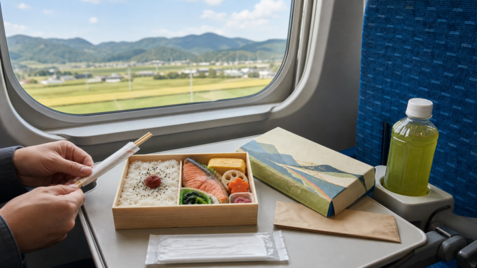 A regional Japanese ekiben with rice, grilled salmon, egg and vegetables on a Shinkansen tray beside tea and countryside scenery