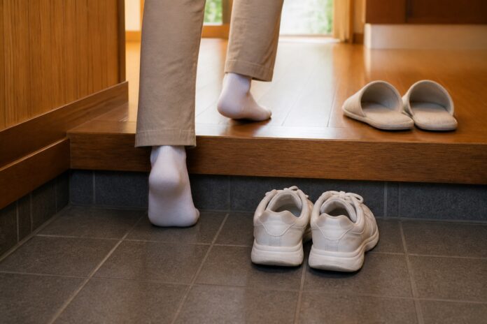 Outdoor shoes left on the lower genkan floor while a visitor steps inside in socks