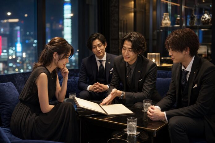 日本Host Club内，三名成年男性Host向成年女性顾客说明菜单和费用