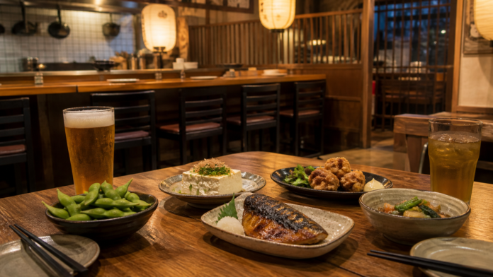 Adult friends share several small izakaya dishes with beer, tea and water at a Japanese group table