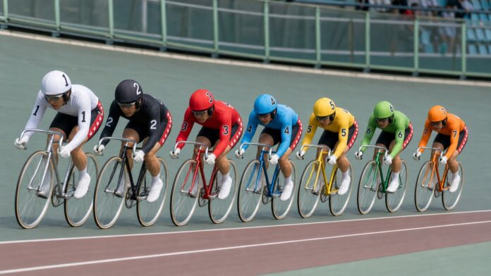 日本競輪場のバンクを隊列で走る7人の競輪選手