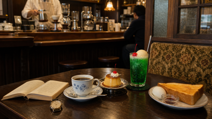 A Showa-style Japanese kissaten with hand-brewed coffee, caramel pudding, green cream soda, thick toast and a boiled egg