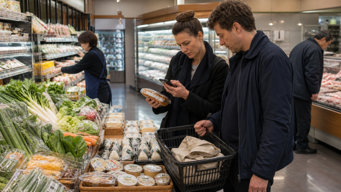 Travelers compare a Japanese prepared-food label beside local vegetables, onigiri, tofu and a fresh-fish counter in a neighborhood supermarket