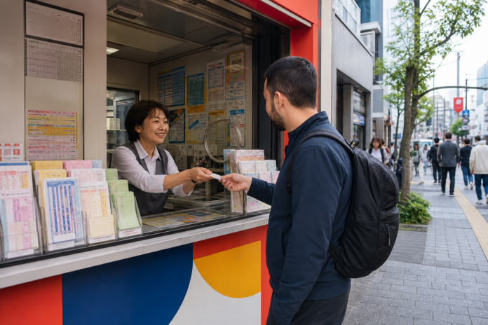 Adult traveler buying a paper lottery ticket at a Japanese street booth