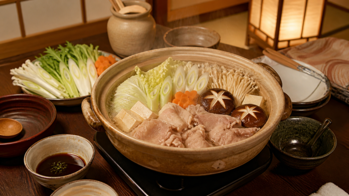 日本料理店の土鍋で煮込む白菜・豆腐・きのこ・肉の鍋料理