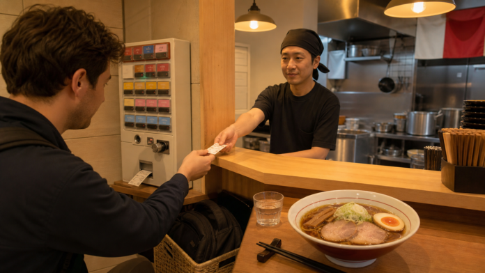 A traveler hands a meal ticket to a ramen cook beside a ticket vending machine and a bowl of shoyu ramen