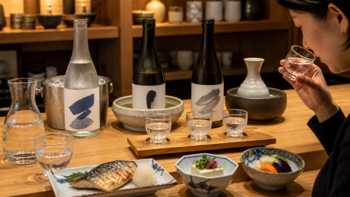 An adult compares three small Japanese sake pours with chilled, room-temperature and warmed service, food pairings and water