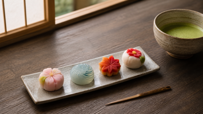 Four seasonal Japanese nerikiri representing cherry blossom, flowing water, maple leaf and camellia beside matcha