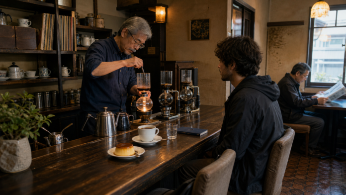 An older kissaten owner prepares siphon coffee while a traveler quietly waits with coffee and firm custard pudding at an uncluttered wooden counter.