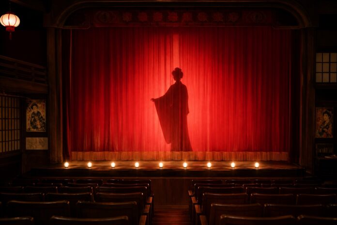 Vintage Japanese theater stage with a fully clothed performer silhouette behind a red curtain