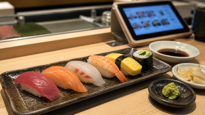 Nigiri sushi beside a tablet ordering screen and dedicated delivery lane at a contemporary Japanese kaitenzushi restaurant