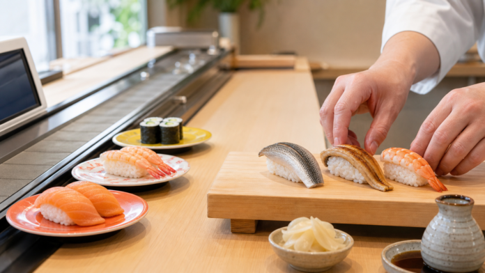 Kaitenzushi plates beside a chef placing prepared Edomae nigiri on a pale-wood sushi counter