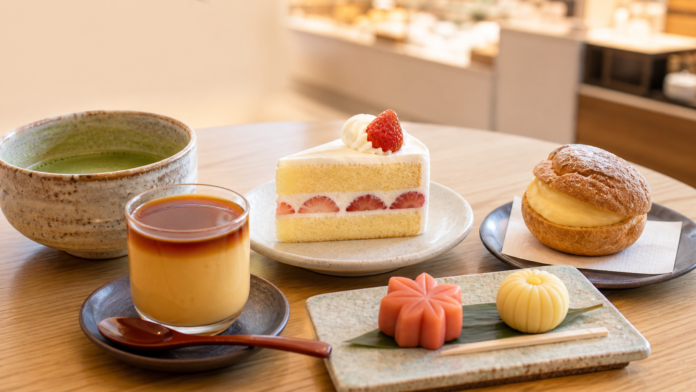 Japanese sweets selection with custard pudding, strawberry shortcake, seasonal wagashi, cream puff and matcha