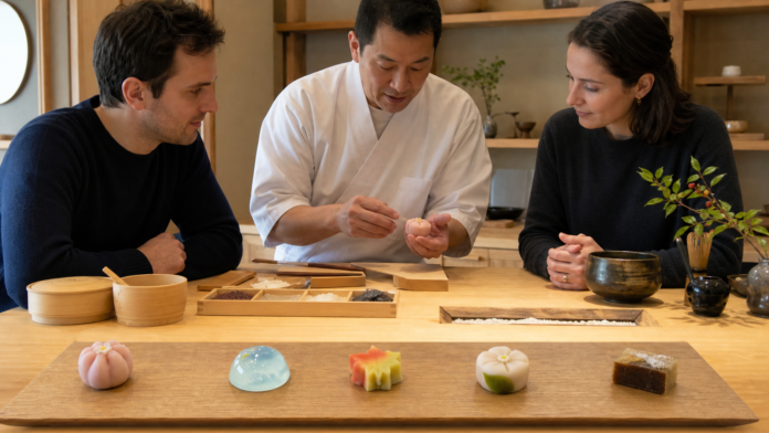 A Japanese confectioner demonstrates shaping seasonal nerikiri beside four small wagashi and matcha for adult travelers