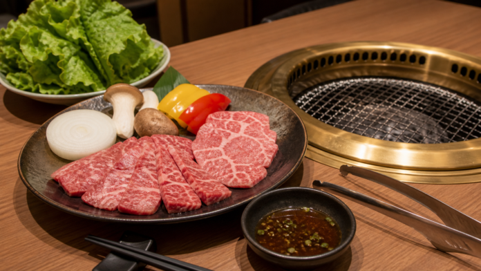A small plate of marbled beef and vegetables beside a clean tabletop yakiniku grill, raw-meat tongs, chopsticks and dipping sauce