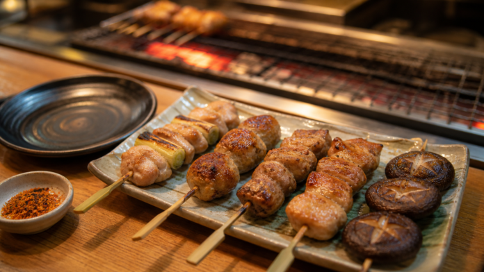 Fully cooked chicken, meatball and mushroom yakitori skewers beside a charcoal grill at a Japanese counter