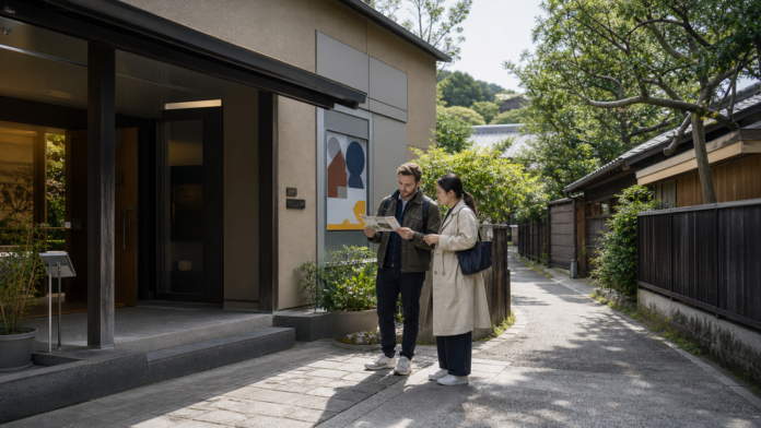 Travelers consult a museum leaflet between a small contemporary art museum and a traditional Kamakura lane