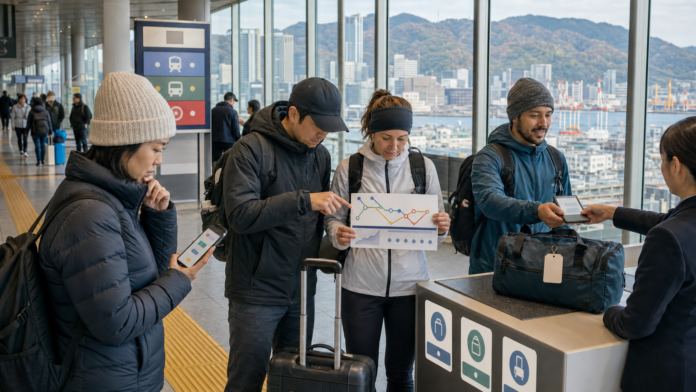 Four recreational runners use icon-only application, transport and cutoff plans at a staffed Kansai rail-concourse packet desk beside a clear tactile path, dense city, harbour and wooded hills