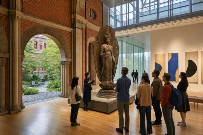 関西の美術館で仏教美術と現代美術を鑑賞する来館者