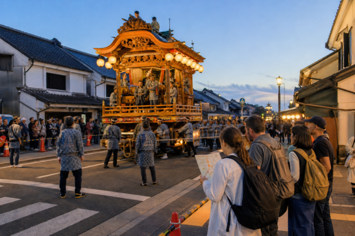 International visitors consult an icon-only route map behind a stewarded boundary as a traditional Japanese festival float moves through a Kanto merchant-town street