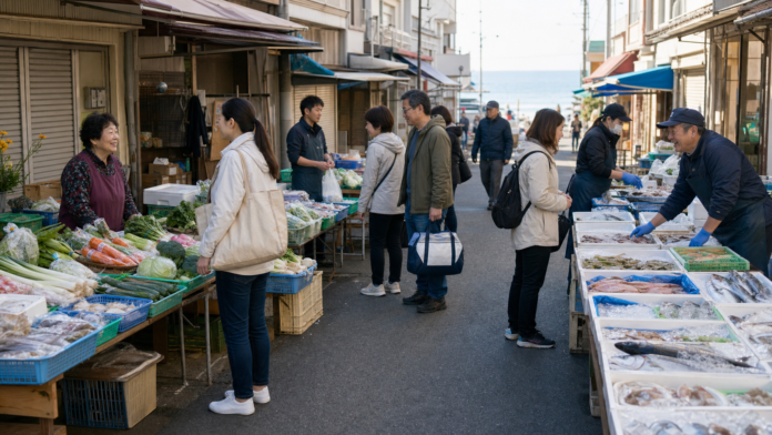 A traveler with an insulated bag talks with vegetable and seafood vendors at a street-based coastal morning market